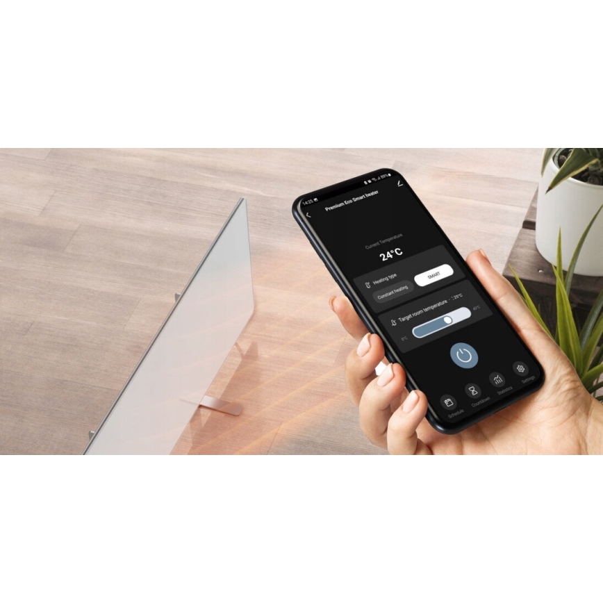AENO - Panel infrarrojo eléctrico inteligente con pantalla LED 700W temporizador/termostato IP44 Wi-fi blanco