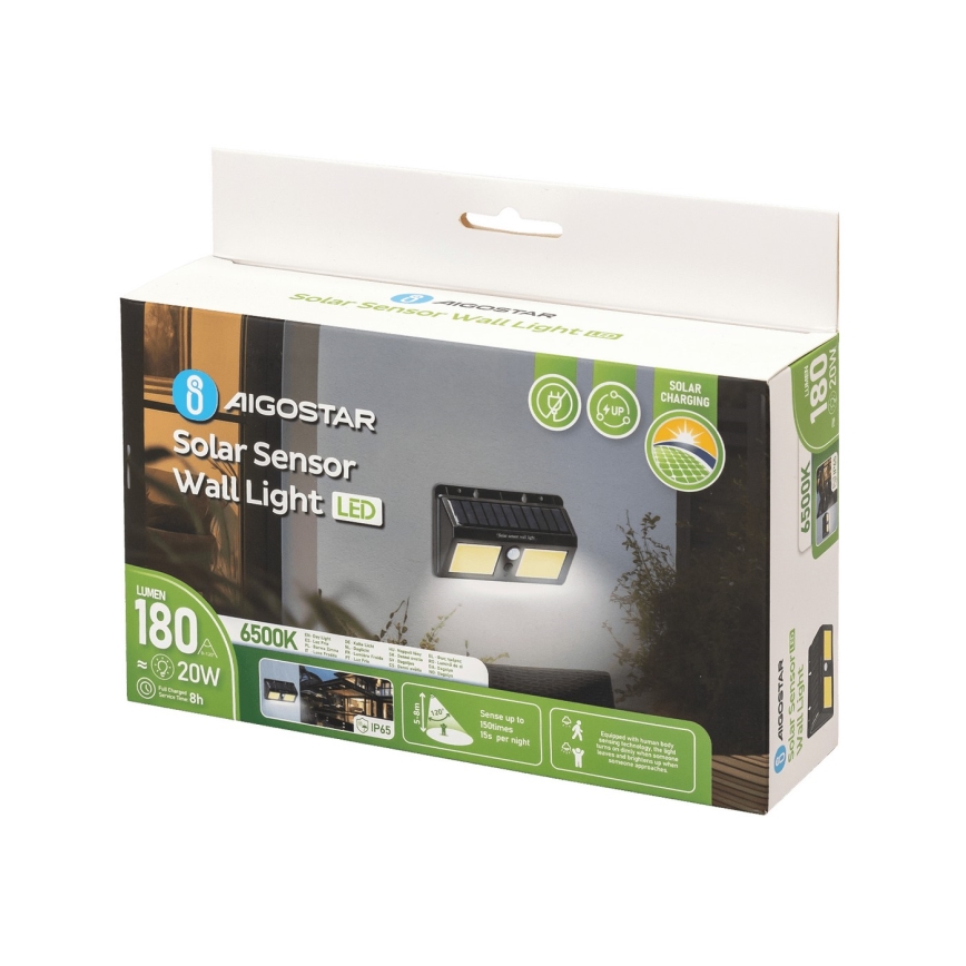 Aigostar - Aplique LED solar con sensor LED/20W/5,5V 2400 mAh 6500K IP65