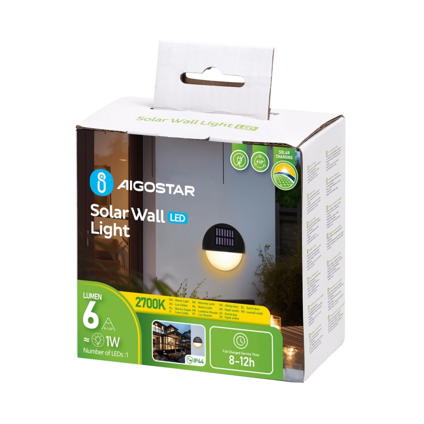 Aigostar - Aplique LED solar LED/1W/1,2V negro 200 mAh 2700K IP44