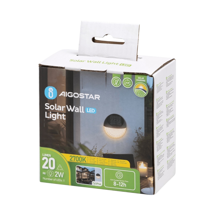 Aigostar - Aplique LED solar LED/2W/1,2V negro 2700K IP44