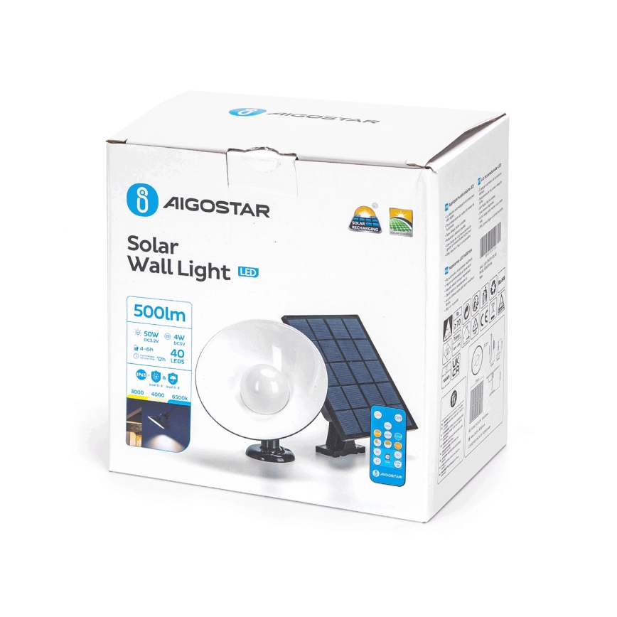 Aigostar - Aplique LED solar LED/3,2V 3000K/4000K/6500K 5000 mAh IP65 + control remoto