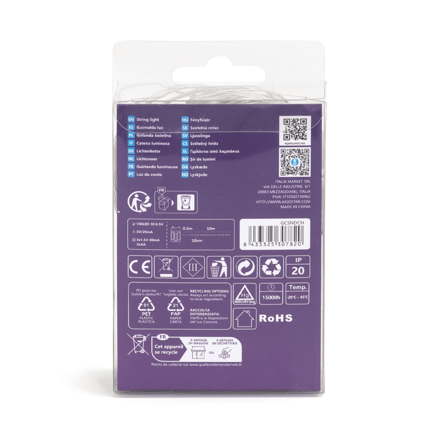 Aigostar - Cadena de luces de Navidad LED 100xLED/3xAA 10,3m blanco cálido