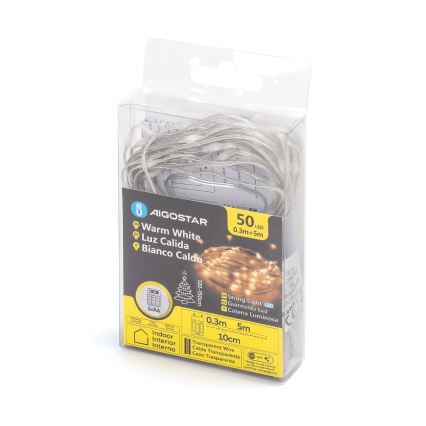 Aigostar - Cadena de luces de Navidad LED 50xLED/3xAA 5,3m blanco cálido