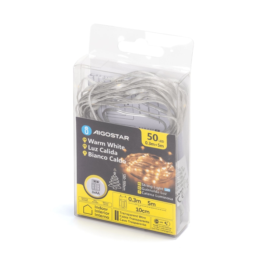 Aigostar - Cadena de luces de Navidad LED 50xLED/3xAA 5,3m blanco cálido