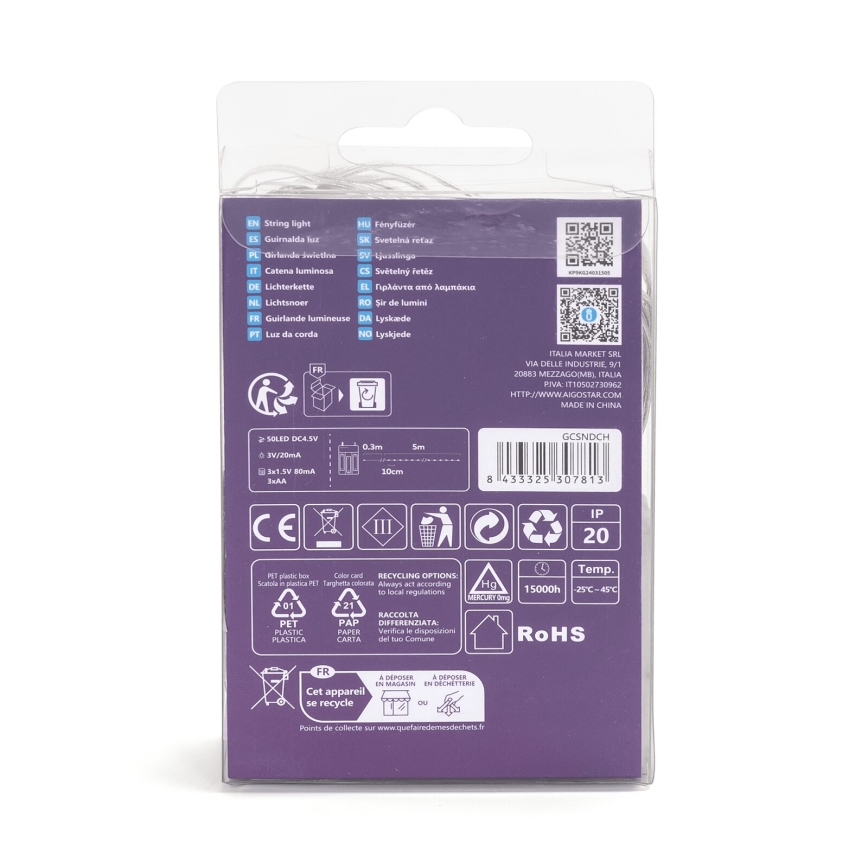 Aigostar - Cadena de luces de Navidad LED 50xLED/3xAA 5,3m blanco cálido