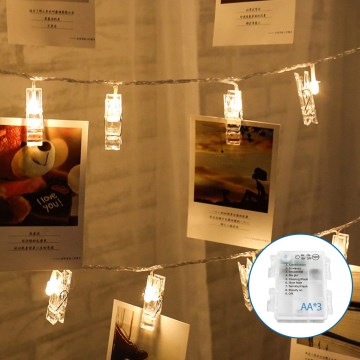 Aigostar - Cadena de luces LED decorativa con pinzas 20xLED/3xAA 3,3m blanco cálido