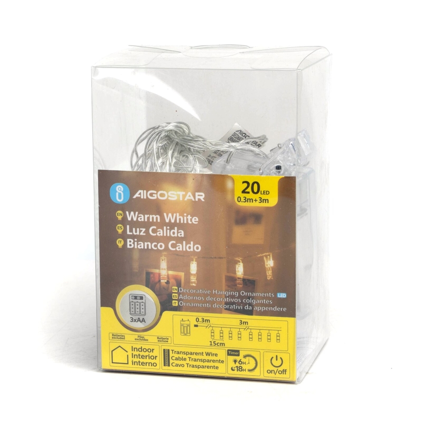 Aigostar - Cadena de luces LED decorativa con pinzas 20xLED/3xAA 3,3m blanco cálido