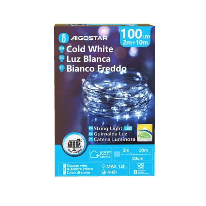 Aigostar - Cadena de luces navideñas solares LED 100xLED/8 funciones 12m IP65 800 mAh blanco frío