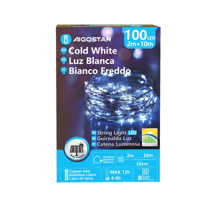 Aigostar - Cadena de luces navideñas solares LED 100xLED/8 funciones 12m IP65 800 mAh blanco frío