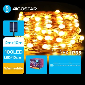 Aigostar - Cadena de luces solares LED navideñas 100xLED/8 funciones 12m IP65 blanco cálido