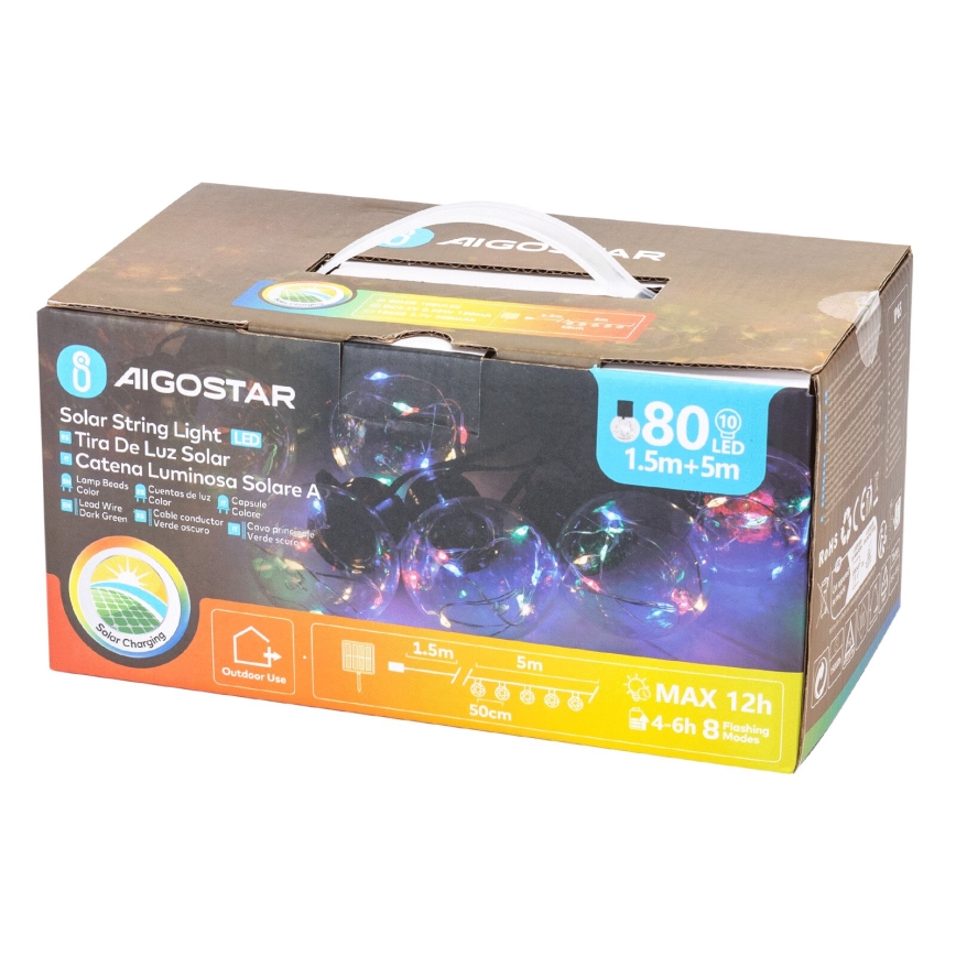 Aigostar - Cadena de luces solares LED navideñas 10xLED/8 funciones 6,5m IP65 multicolor