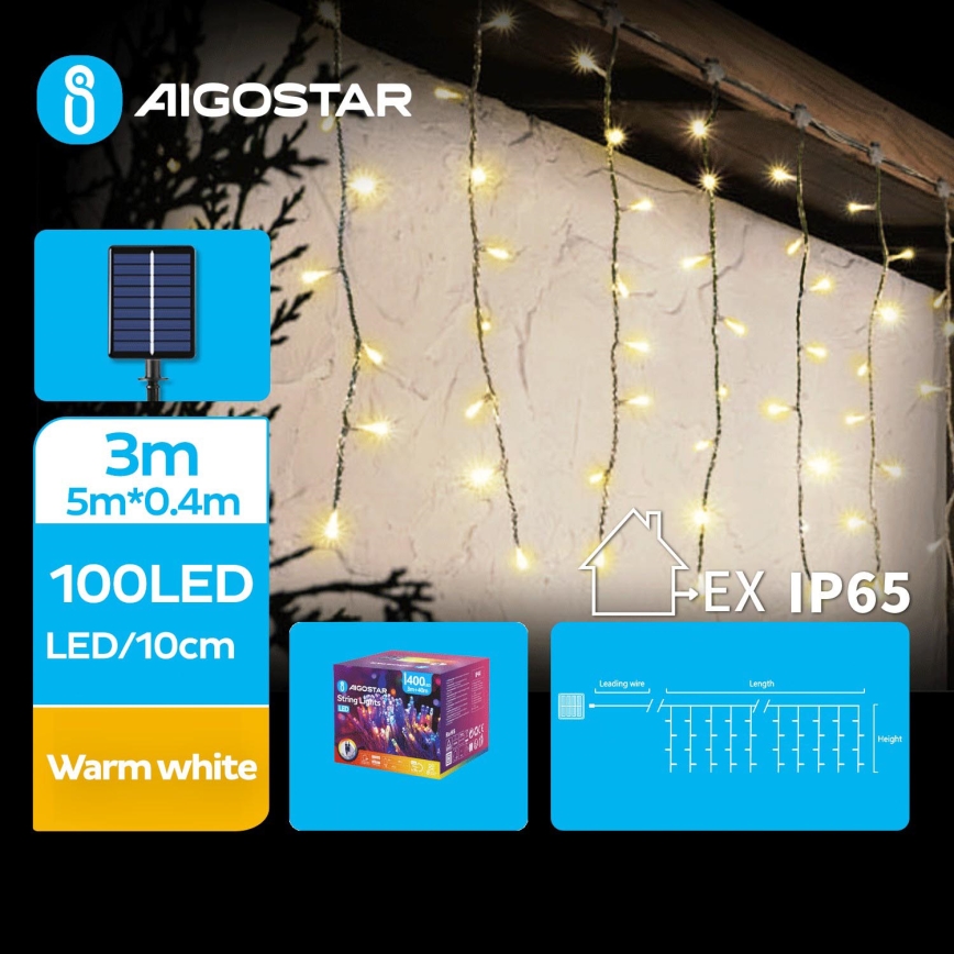 Aigostar - Cadena de navidad LED solar 100xLED/8 funciones 8x0,4m IP65 blanco cálido