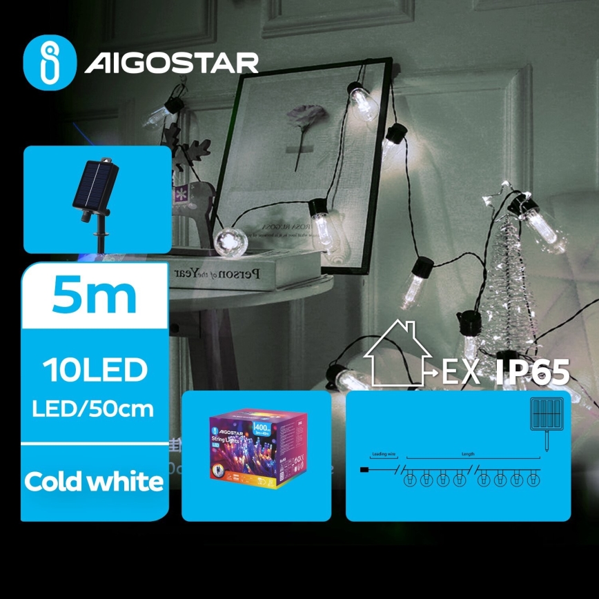 Aigostar - Cadena de Navidad LED solar 10xLED/8 funciones 6,5m IP65 blanco frío