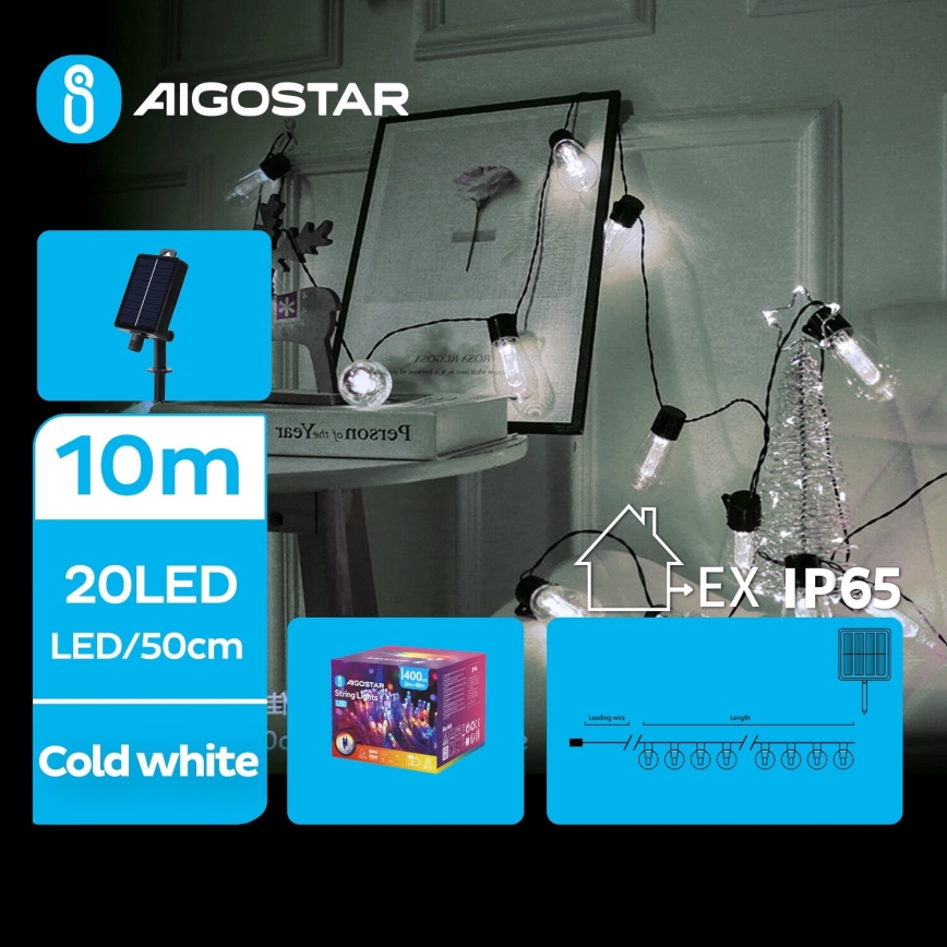 Aigostar - Cadena de Navidad LED Solar 20xLED/8 funciones 11,5m IP65 blanco frío