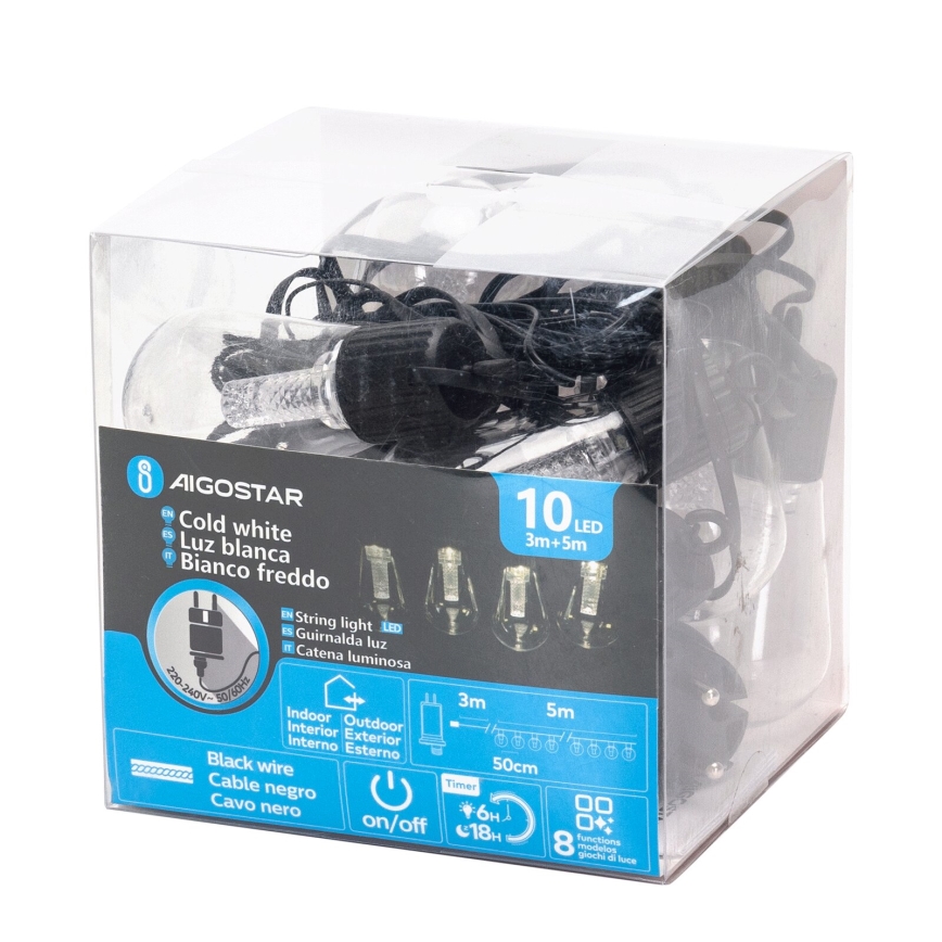 Aigostar - Cadena decorativa LED para exteriores 10xLED/8m IP44 blanco frío