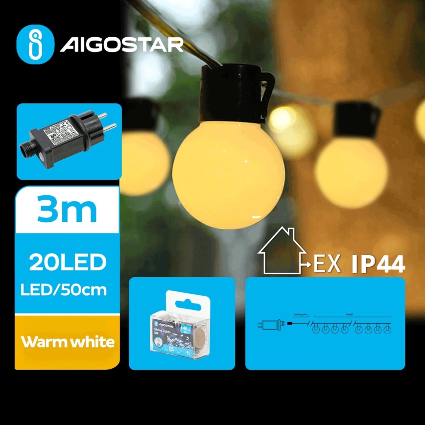 Aigostar - Cadena decorativa LED para exteriores 20xLED/3m IP44 blanco cálido