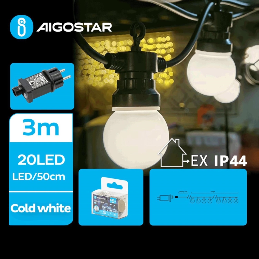 Aigostar - Cadena decorativa LED para exteriores 20xLED/3m IP44 blanco frío