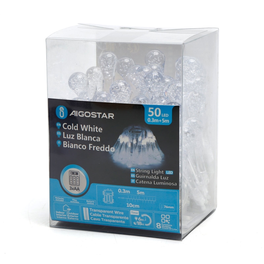 Aigostar - Cadena decorativa LED para exteriores 50xLED/8 funciones 5,3m IP44 blanco frío