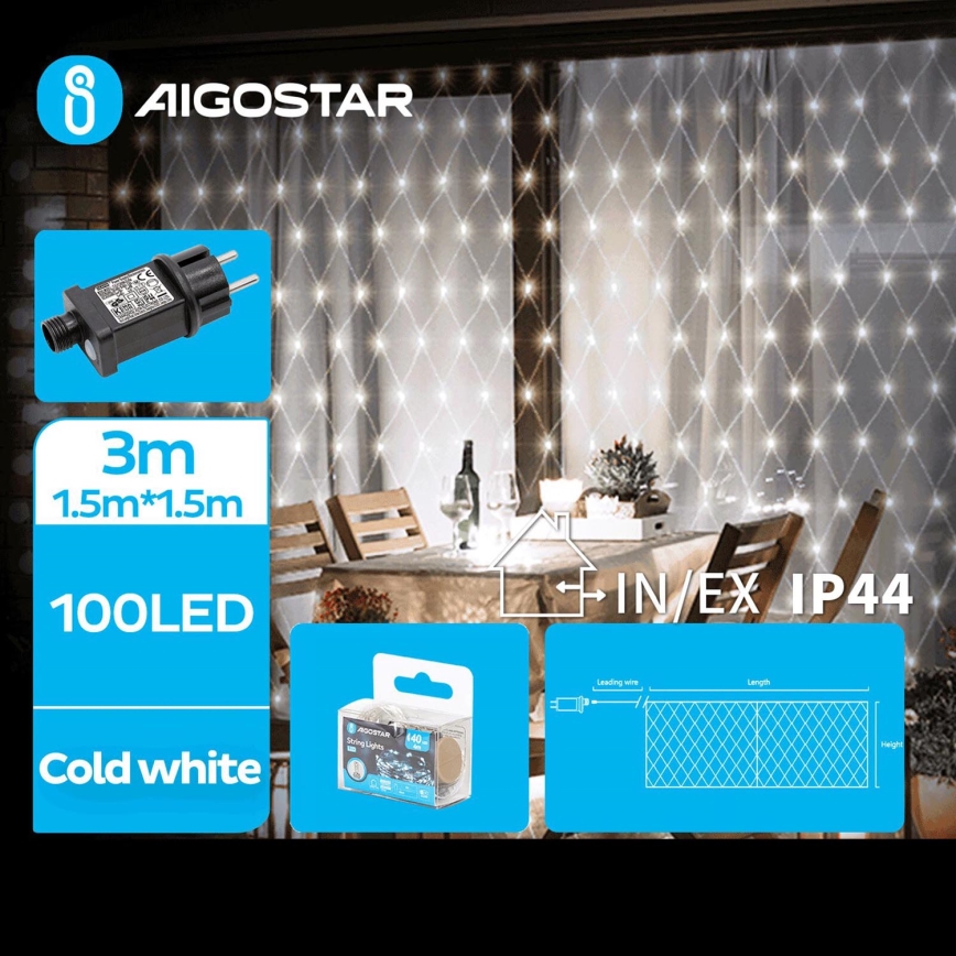 Aigostar - Cadena LED exterior 100xLED/8 funciones 4,5x1,5m IP44 blanco frío