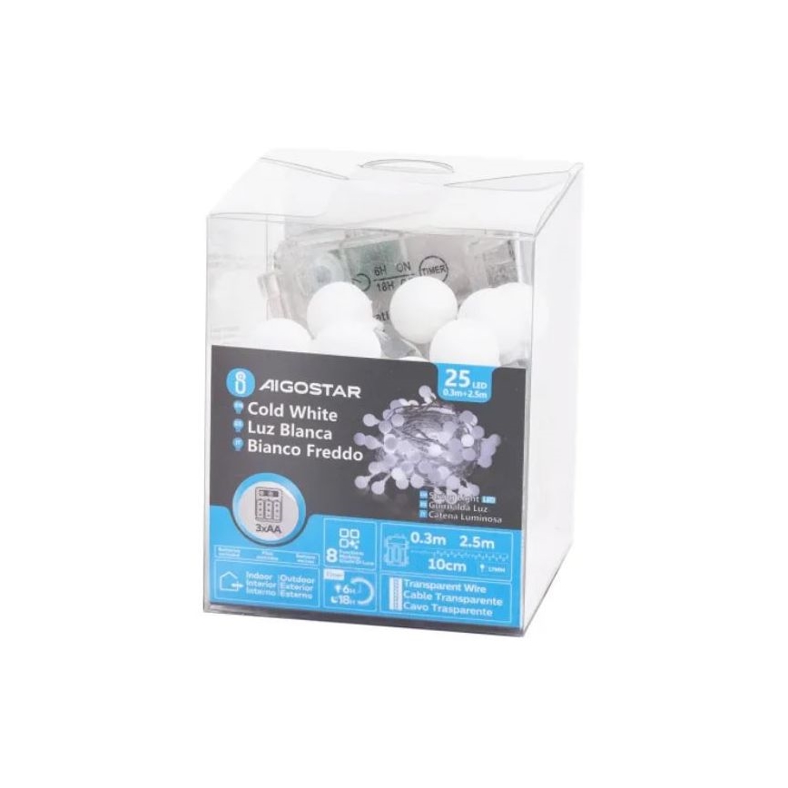 Aigostar - Cadena LED navideña exterior 25xLED/3xAA/8 funciones 2,8 m IP44 blanco frío