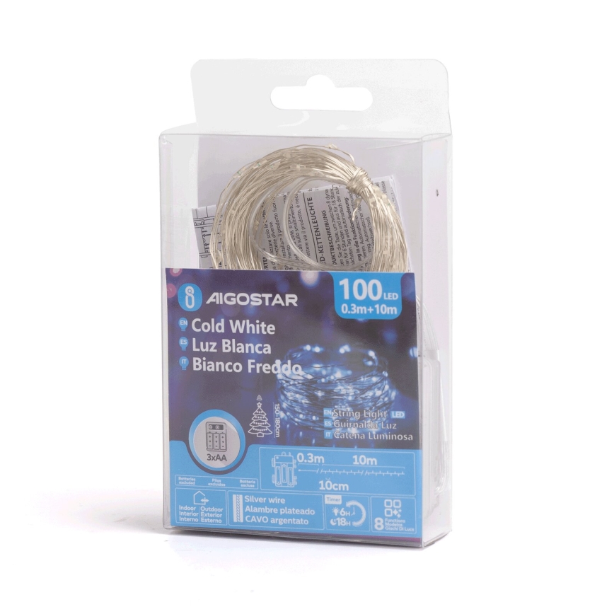 Aigostar - Cadena LED navideña exterior 100xLED/8 funciones 10,3m IP44 blanco frío