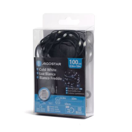 Aigostar - Cadena LED navideña exterior 100xLED/8 funciones 10,3m IP44 blanco frío