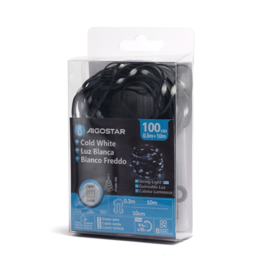 Aigostar - Cadena LED navideña exterior 100xLED/8 funciones 10,3m IP44 blanco frío