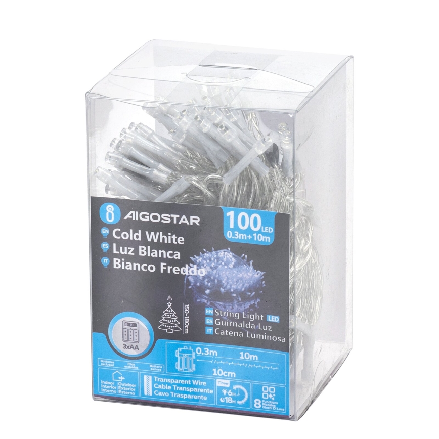 Aigostar - Cadena LED navideña exterior 100xLED/8 funciones 10,3m IP44 blanco frío