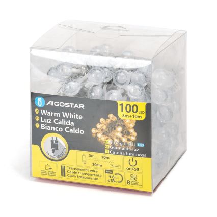 Aigostar - Cadena LED navideña exterior 100xLED/8 funciones 13m IP44 blanco cálido