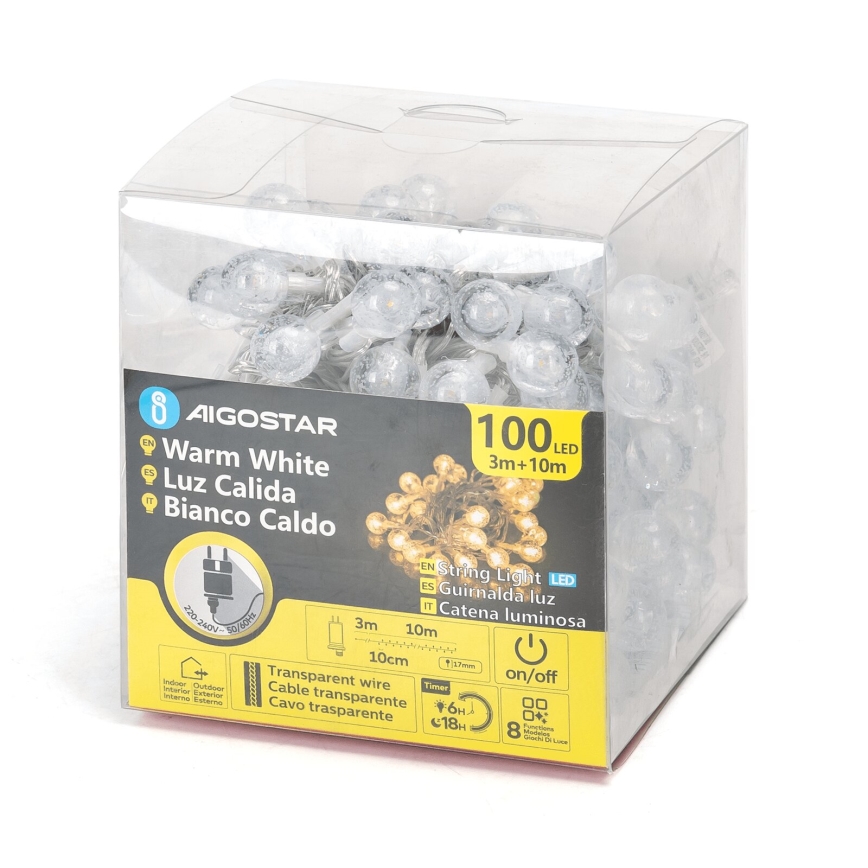 Aigostar - Cadena LED navideña exterior 100xLED/8 funciones 13m IP44 blanco cálido