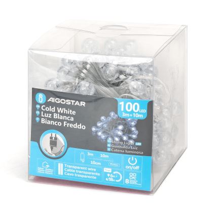Aigostar - Cadena LED navideña exterior 100xLED/8 funciones 13m IP44 blanco frío