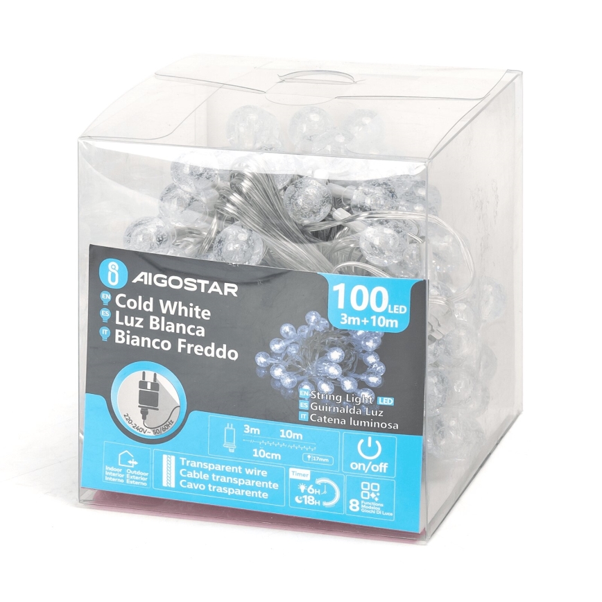 Aigostar - Cadena LED navideña exterior 100xLED/8 funciones 13m IP44 blanco frío