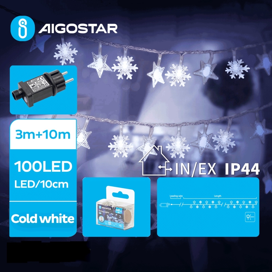 Aigostar - Cadena LED navideña exterior 100xLED/8 funciones 13m IP44 blanco frío