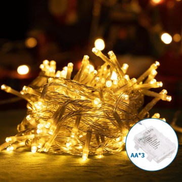 Aigostar - Cadena LED navideña exterior 100xLED/8 funciones 3xAA 10,3m IP44 blanco cálido