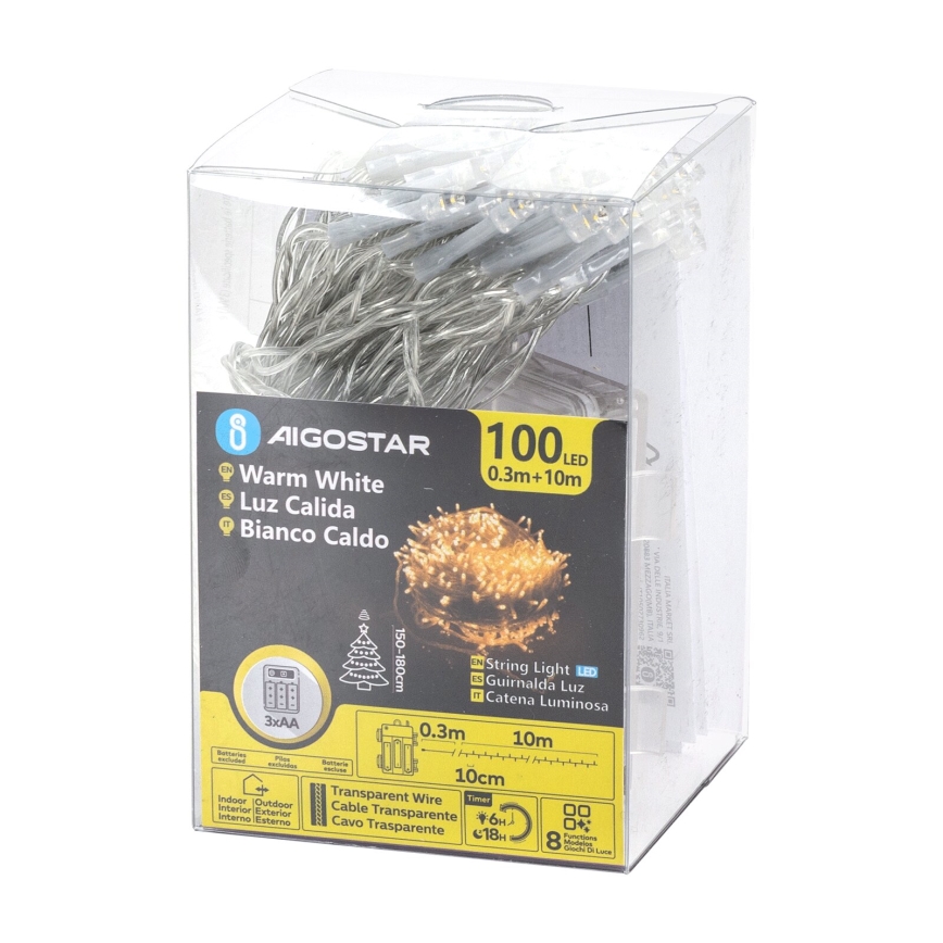 Aigostar - Cadena LED navideña exterior 100xLED/8 funciones 3xAA 10,3m IP44 blanco cálido