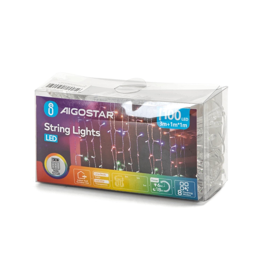 Aigostar - Cadena LED navideña exterior 100xLED/8 funciones 3xAA 4x1m IP44 multicolor