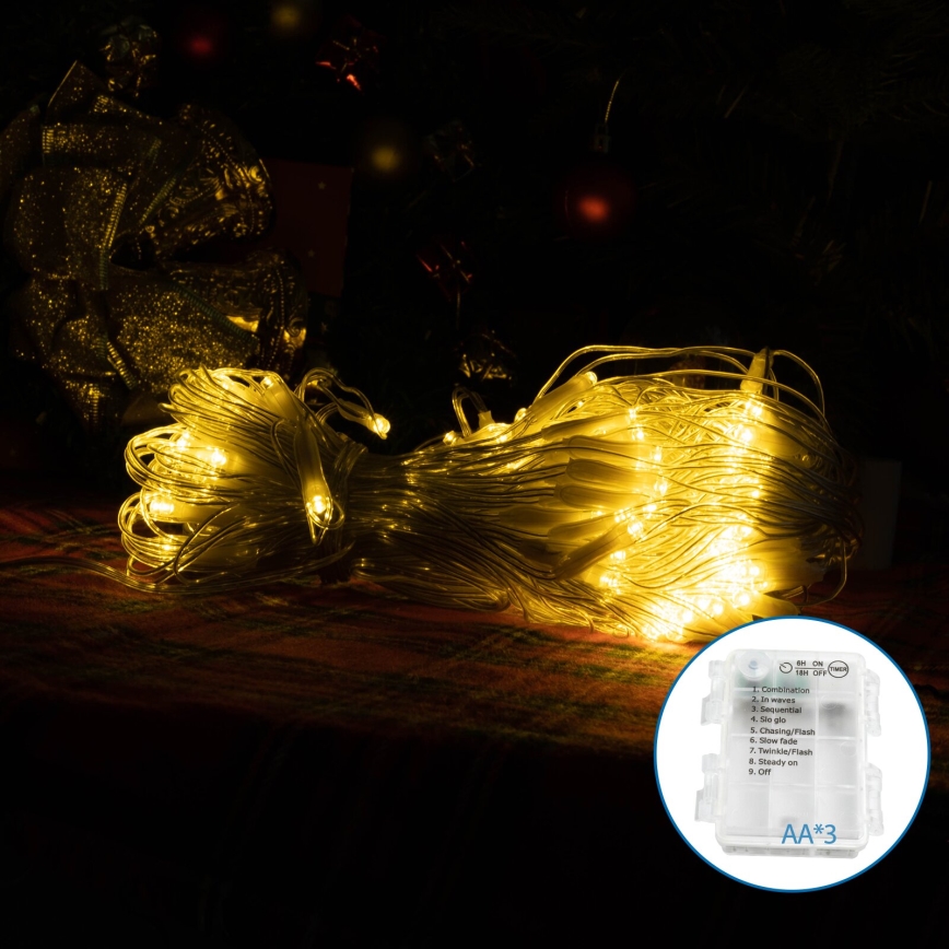 Aigostar - Cadena LED navideña exterior 100xLED/8 funciones 3xAA 8x0,6m IP44 blanco cálido