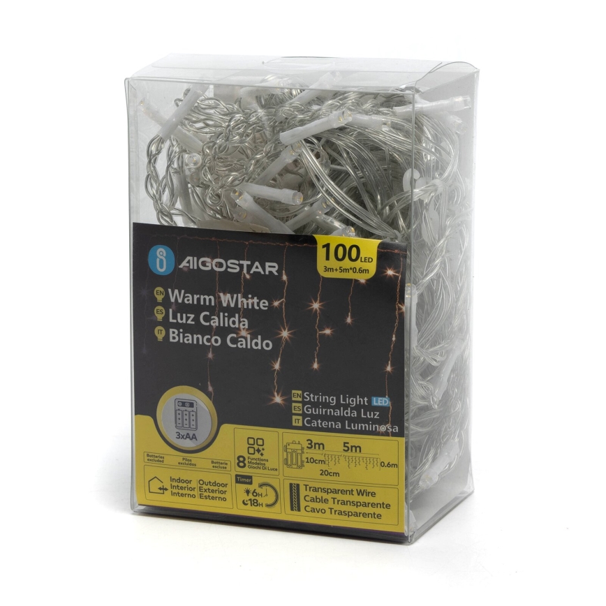 Aigostar - Cadena LED navideña exterior 100xLED/8 funciones 3xAA 8x0,6m IP44 blanco cálido