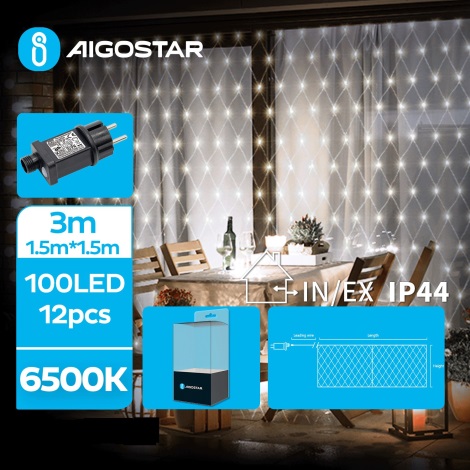 Aigostar- Cadena LED navideña exterior 100xLED/8 funciones 4,5x1,5m IP44 blanco frío