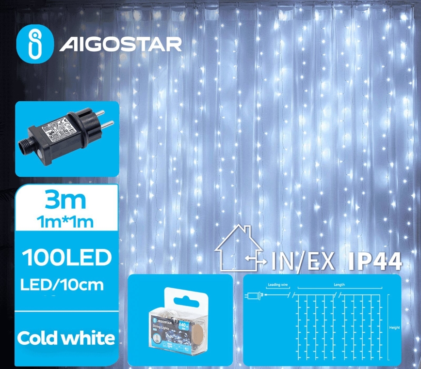 Aigostar - Cadena LED navideña exterior 100xLED/8 funciones 4x1m IP44 blanco frío