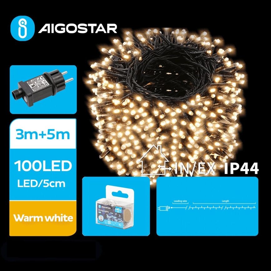 Aigostar - Cadena LED navideña exterior 100xLED/8 funciones 8m IP44 blanco cálido