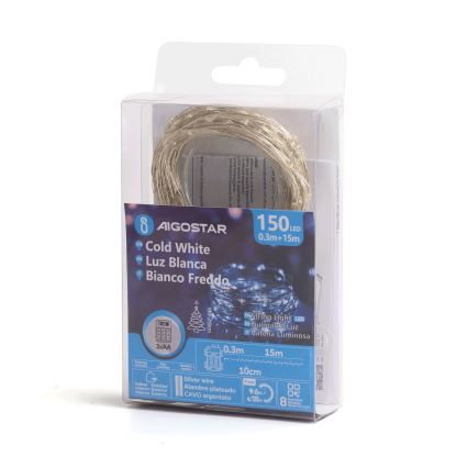 Aigostar - Cadena LED navideña exterior 150xLED/8 funciones 15,3m IP44 blanco frío