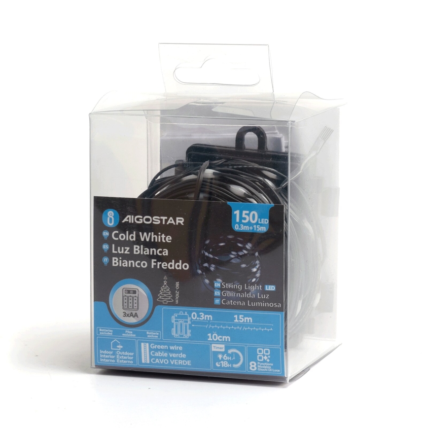 Aigostar - Cadena LED navideña exterior 150xLED/8 funciones 15,3m IP44 blanco frío