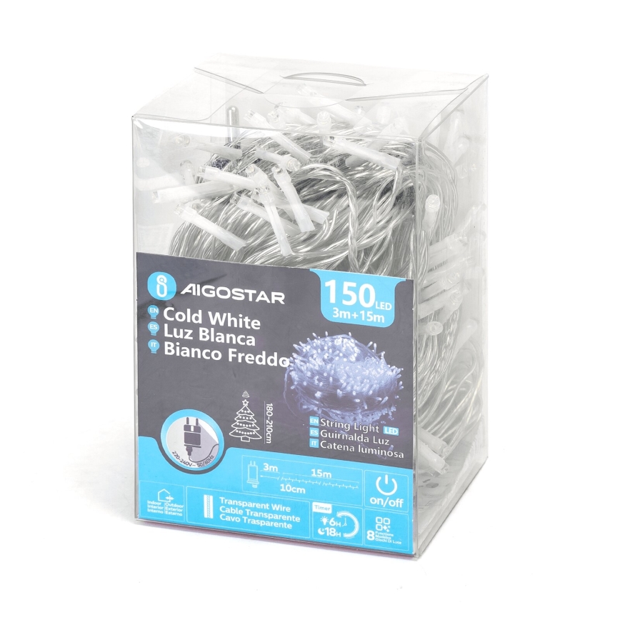 Aigostar - Cadena LED navideña exterior 150xLED/8 funciones 18m IP44 blanco frío