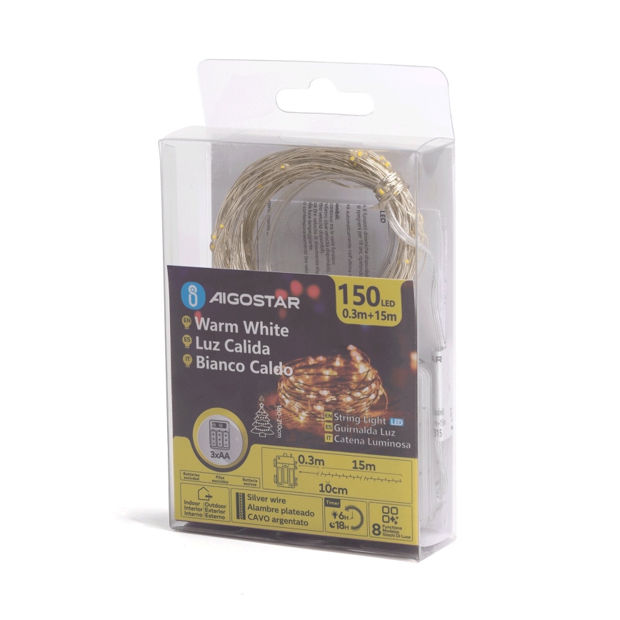 Aigostar - Cadena LED navideña exterior 150xLED/8 funciones 3xAA 15,3m IP44 blanco cálido