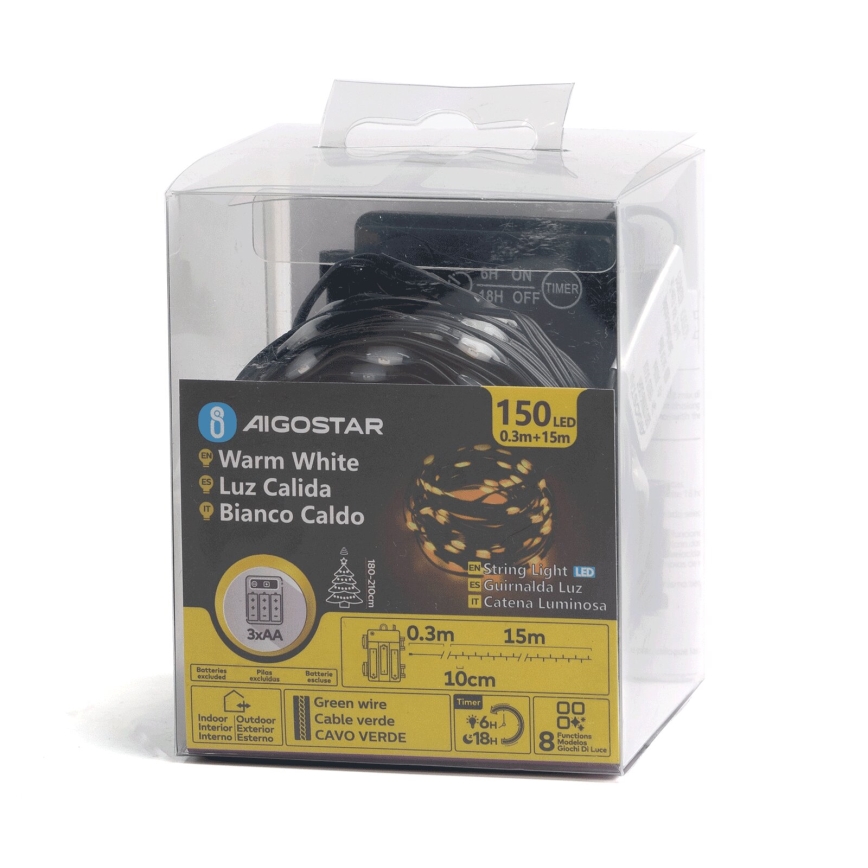 Aigostar - Cadena LED navideña exterior 150xLED/8 funciones 3xAA 15,3m IP44 blanco cálido