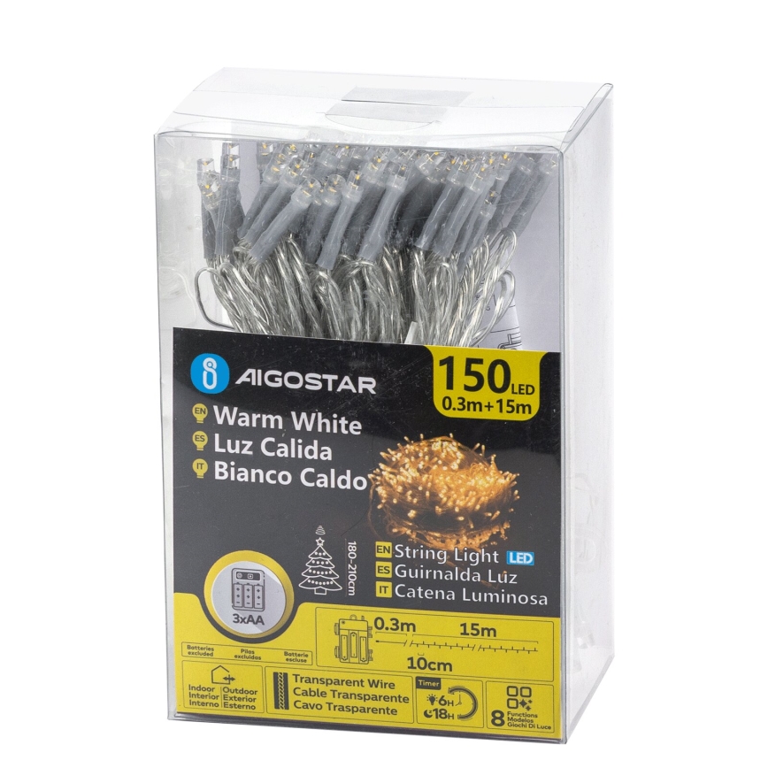 Aigostar - Cadena LED navideña exterior 150xLED/8 funciones 3xAA 15,3m IP44 blanco cálido