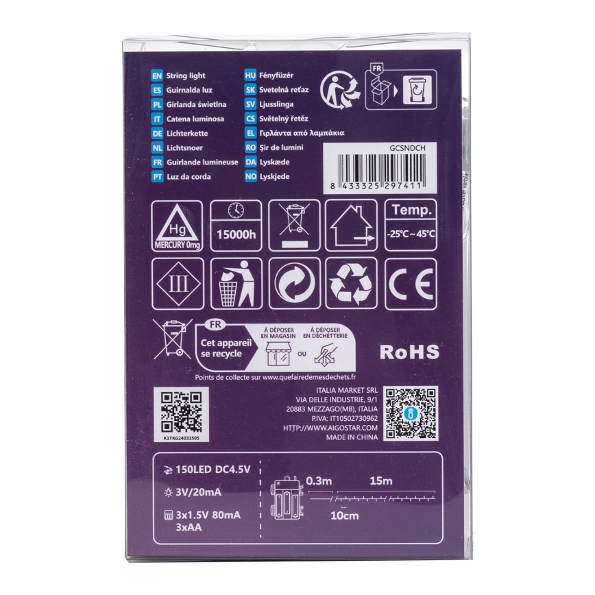 Aigostar - Cadena LED navideña exterior 150xLED/8 funciones 3xAA 15,3m IP44 blanco cálido