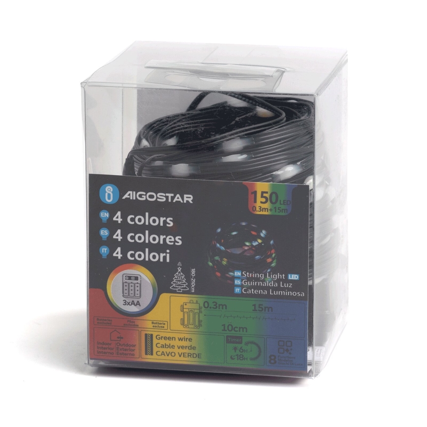 Aigostar - Cadena LED navideña exterior 150xLED/8 funciones 3xAA 15,3m IP44 multicolor