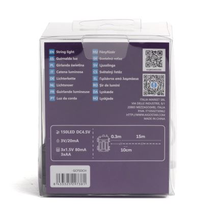 Aigostar - Cadena LED navideña exterior 150xLED/8 funciones 3xAA 15,3m IP44 multicolor